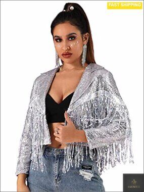 Fringe Sequin Bomber Jacket Long Sleeve Cocktail Party Coat